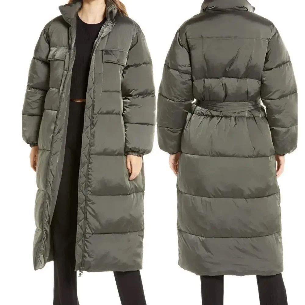 GOOD AMERICAN Water-Resistant Longline Belted Puffer Coat Medium